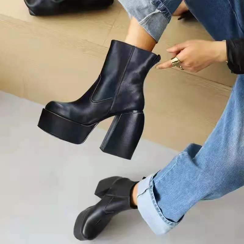 Sexy Style Platform Boots Elastic Microfiber Shoes Woman Classic Ankle Boots High Heels Black Thick Platform Long Knee High Boot