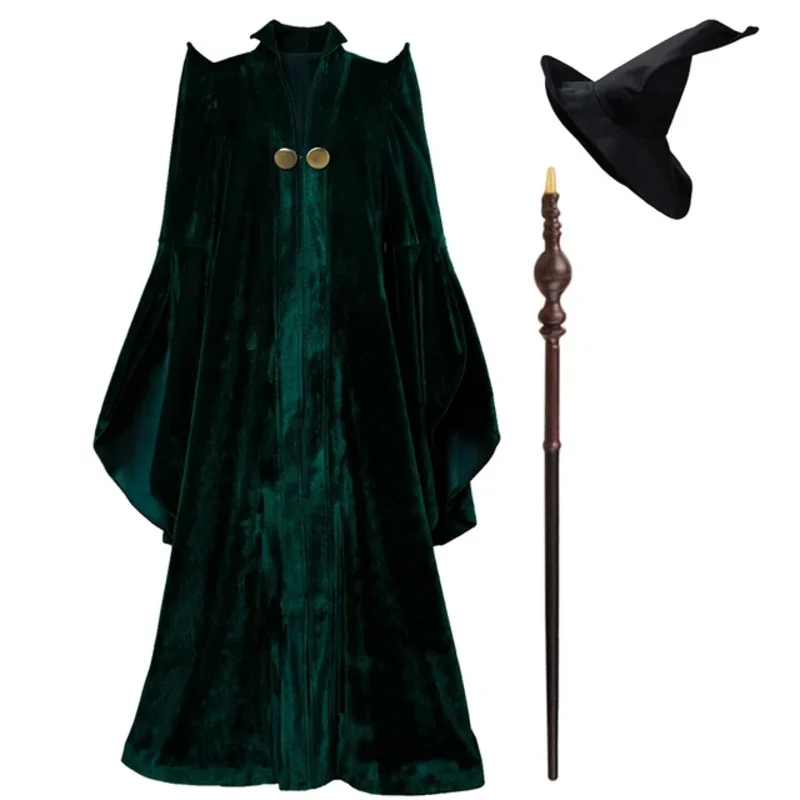 Bear's Den Professor Minerva McGonagall Cosplay Costume Outfits Velvet Cape Green Cloak Wand Hat Set For Women Hallowe New 2025