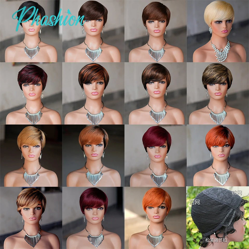 Phashion-Peluca de cabello humano con flequillo, pelo corto recto brasileño Remy, barato, hecho a máquina, color T1B/27/30/99J