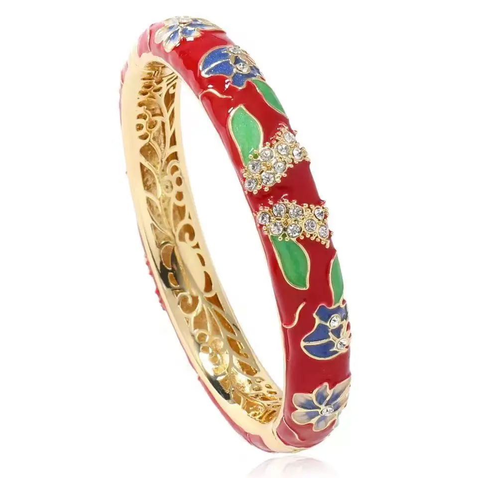 

New Vintage Ethnic Rhinestone Bangles Women Bracelets Chinese Cloisonne Enamel Spring Hinged Cuff Bracelet