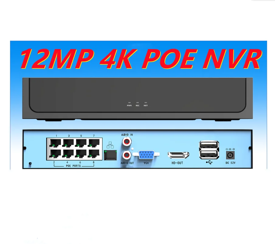 Cámara de vigilancia de seguridad IP, sistema de videovigilancia CCTV, grabadora de Audio, detección facial, H.265 + 12MP, 4K, 8CH, POE, NVR