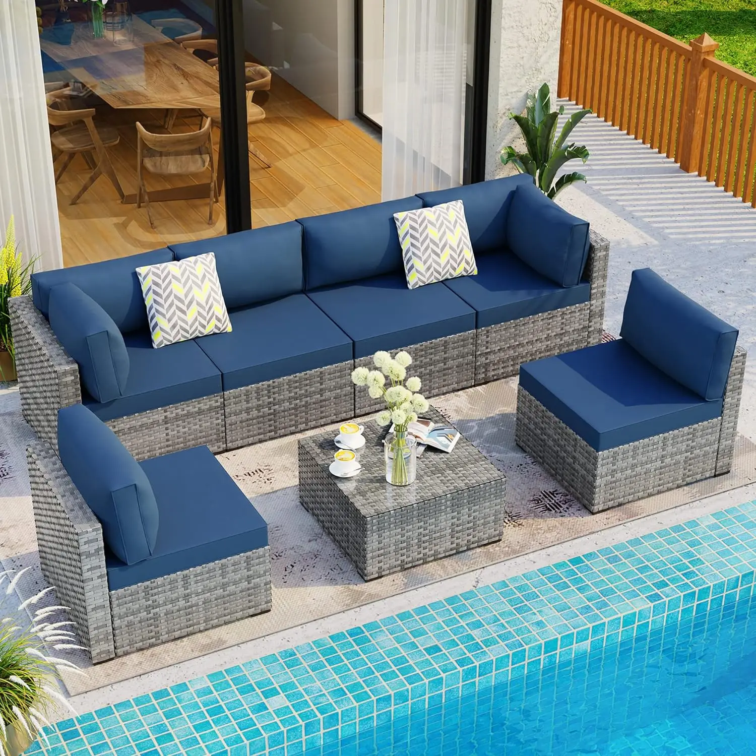 Shintenchi 7 Pieces Outdoor Patio Sectional Sofa Couch, Wicker Rattan Furniture Conversation Sets with Washable Cushions