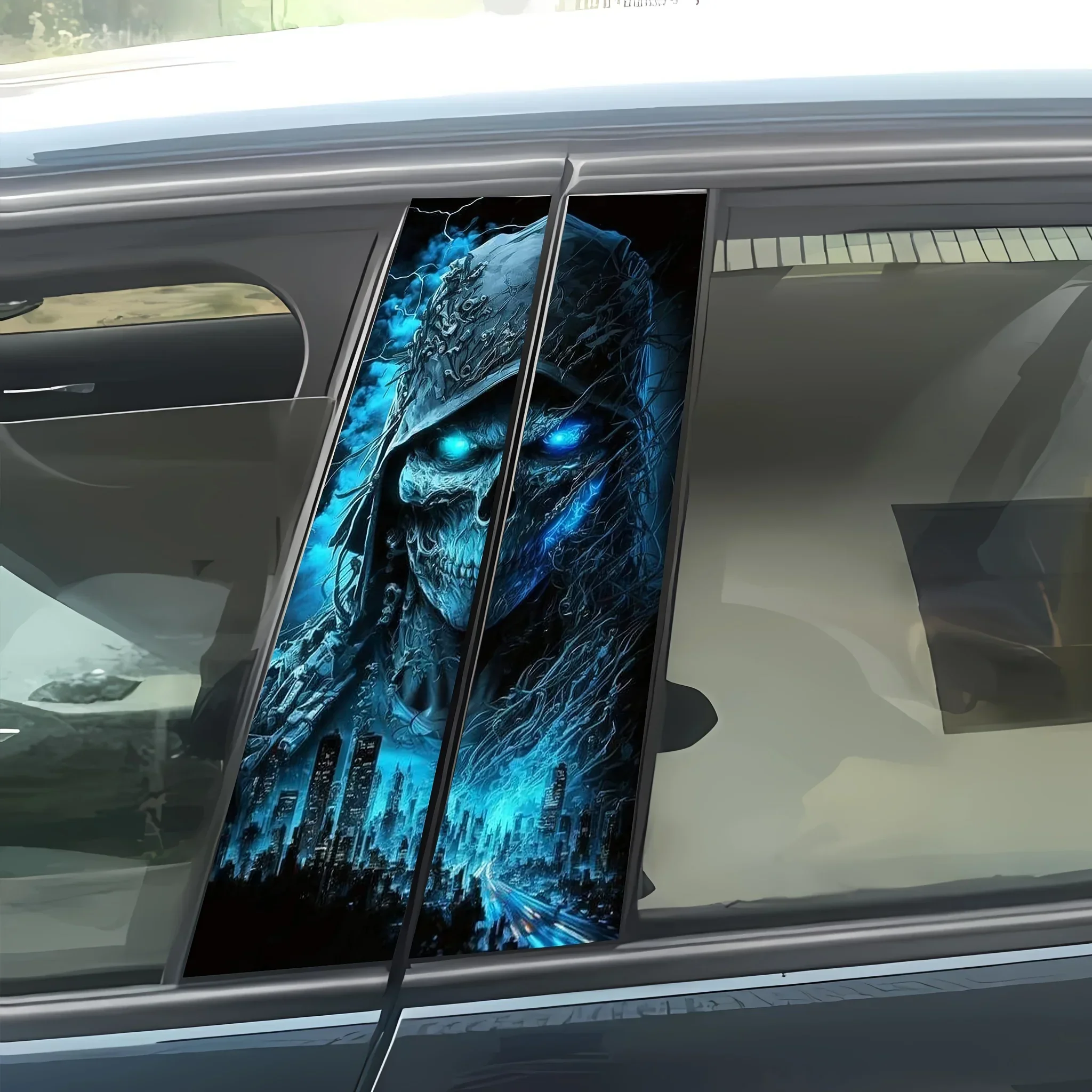 2-Piece Car Sticker - Skull Wizard Holloway Theme, Matte. Easy to Apply on Left & Right Pillars, Ideal for Vehicle Decoration.