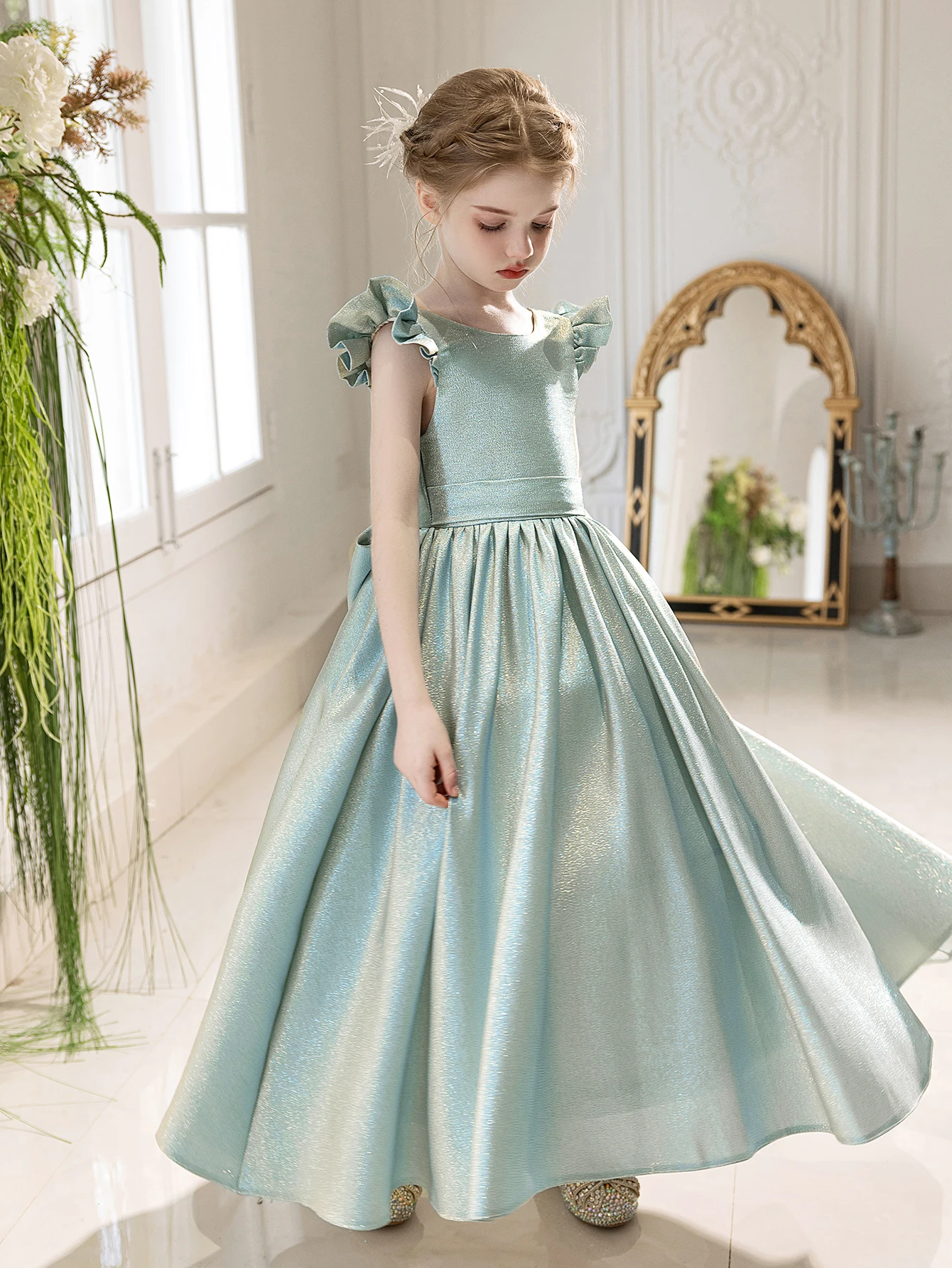High End Elegant Girl's Blue Dress With A Big Bow At The Back Long Dress For Weddings Birthdays And Parties - view 3