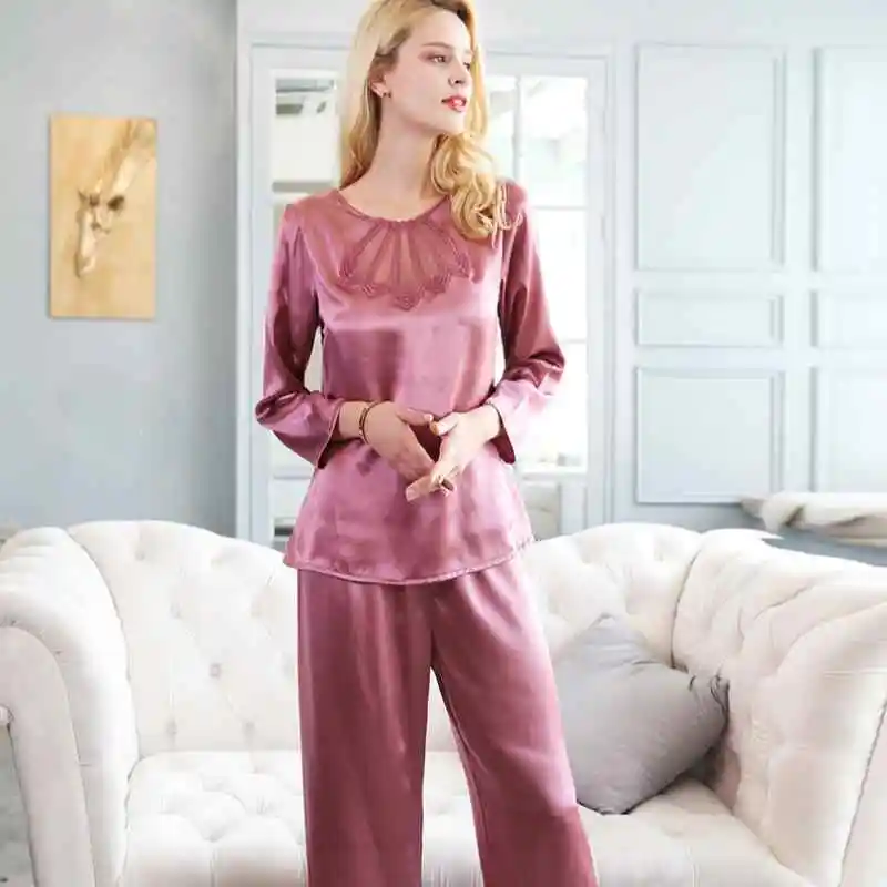 BirdTree,16MM 100% Silk Pajamas Set,Women's Solid Full Sleeve O-neck Shirt Pants,Lace Casual Homewear Clothes,2026 New P61710JF