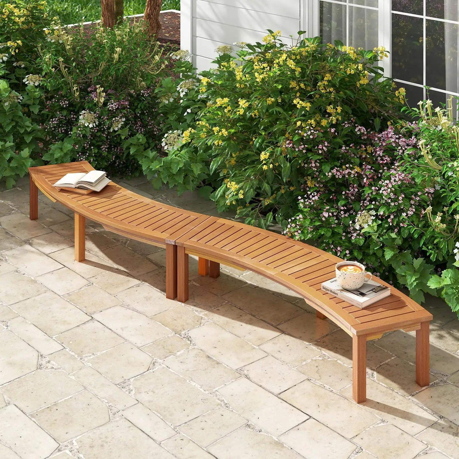 

LifezealJJ Set of 2 Outdoor Curved Bench with Slatted Seat Solid Acacia Wood for Yard