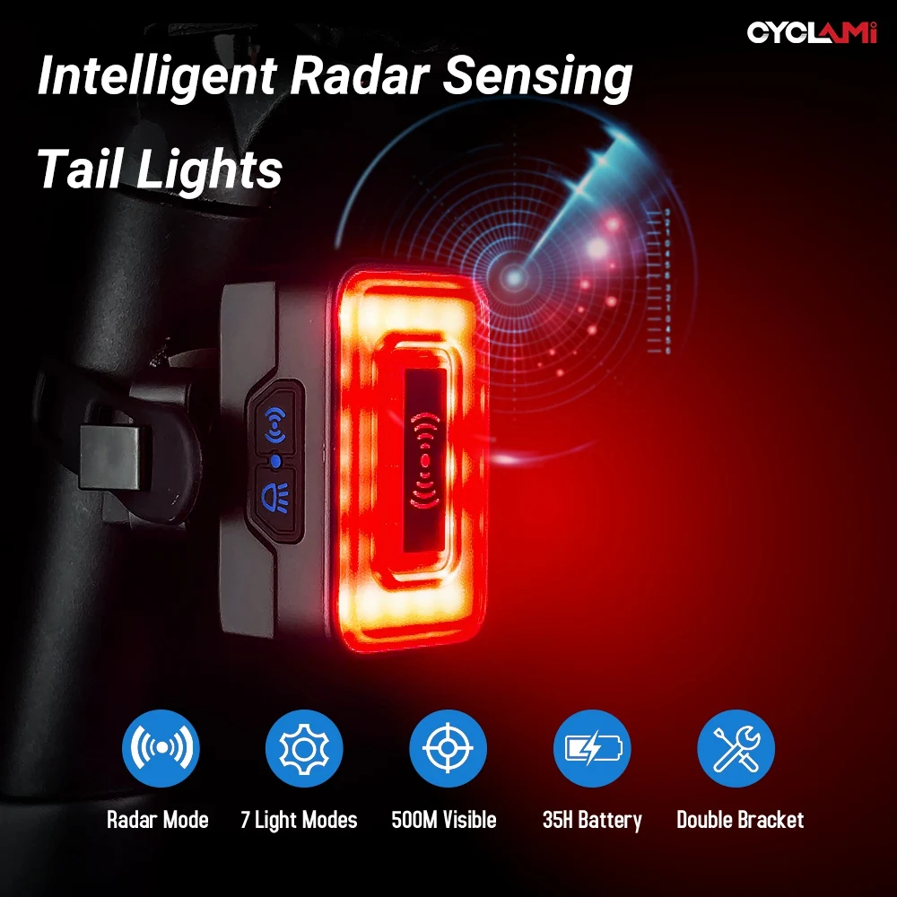 CYCLAMI Radar Sensor Bike Tail Light Bicycle Brake Sensing Lamp Ebike Waterproof LED Charging Night Cycling Warning Taillight