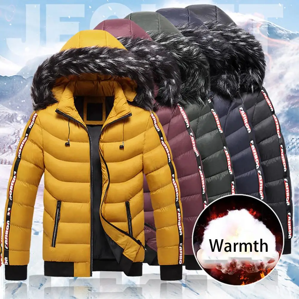 

Men Parkas Furry Edge Padded Hooded Winter Cotton Coat Thicken Long Sleeves Zipper Male Coat Coldproof Elastic Cuff Men Outwear