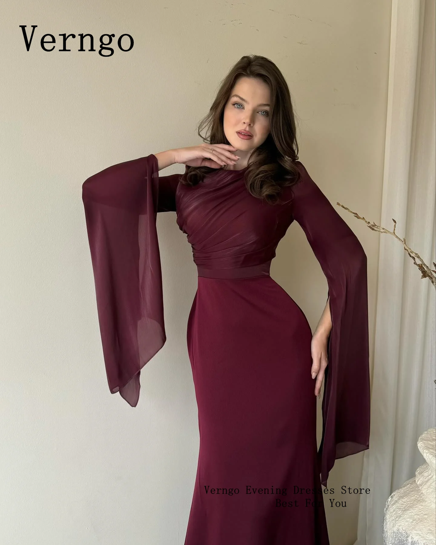 Verngo-Robe de Rhen mousseline de soie bordeaux pour femme, robe de soirée sirène, manches longues, occasion formelle, robe de soirée simple