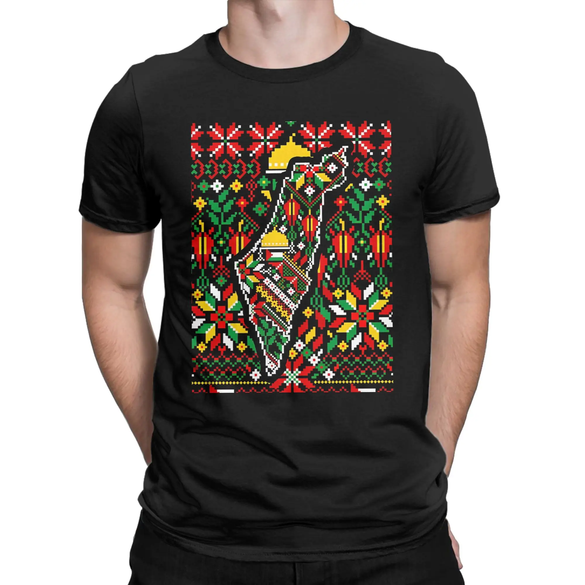 Palestine Map Tatreez Embroidery Style T-Shirts for Men Funny Pure Cotton Tee Shirt Crew Neck Short Sleeve T Shirts Gift Clothes