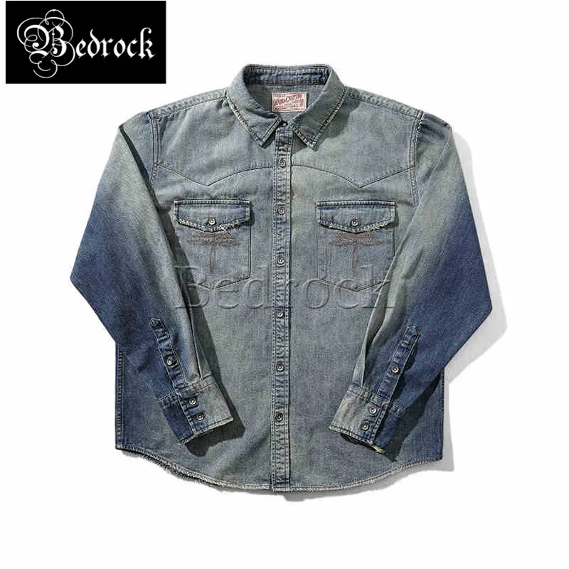 MBBCAR 9.8oz Vintage Button All Cotton Casual Shirt Blue Distressed Denim Heavy Destroy Wash Western Jean Long Sleeve Shirt Men