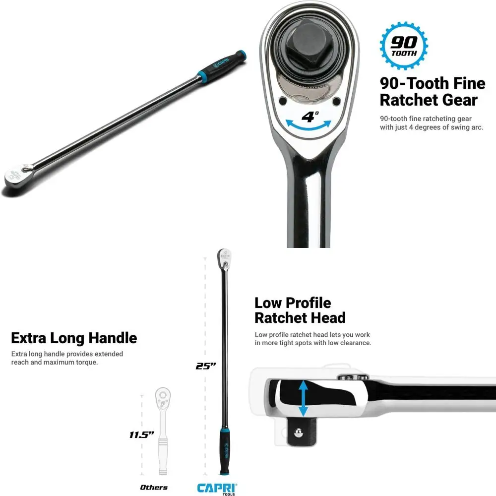 Extra Long 90-Tooth Fine Ratchet, 1/2 Inch Drive, 25 Inch Length, Ergonomic Soft Grip, High-Quality Long-Reach Tool