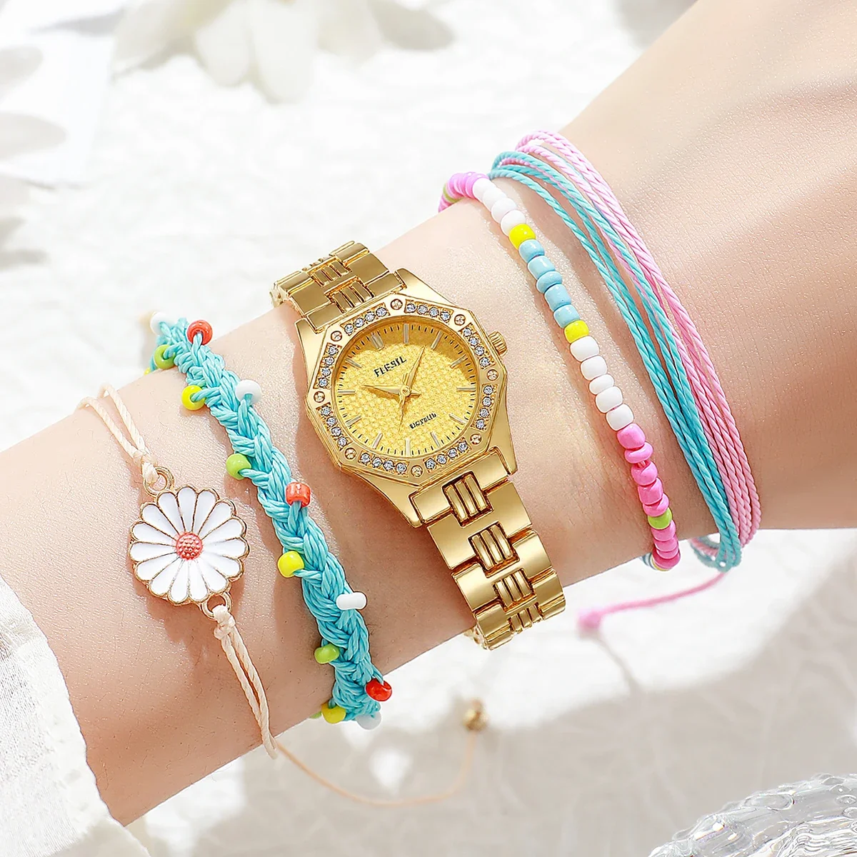 

Модный легкий роскошный восьмиугольный корпус из сплава с ремешком, женские кварцевые часы, красочный браслет, набор из 5 предметов для подарков на День Благодарения и Рождество