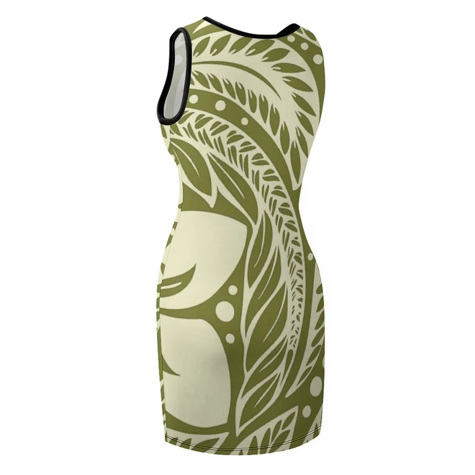 Polynesisches, florales, kreisförmiges, olivgrünes, cremefarbenes, ärmelloses Sommerkleid für Damen im Sommer