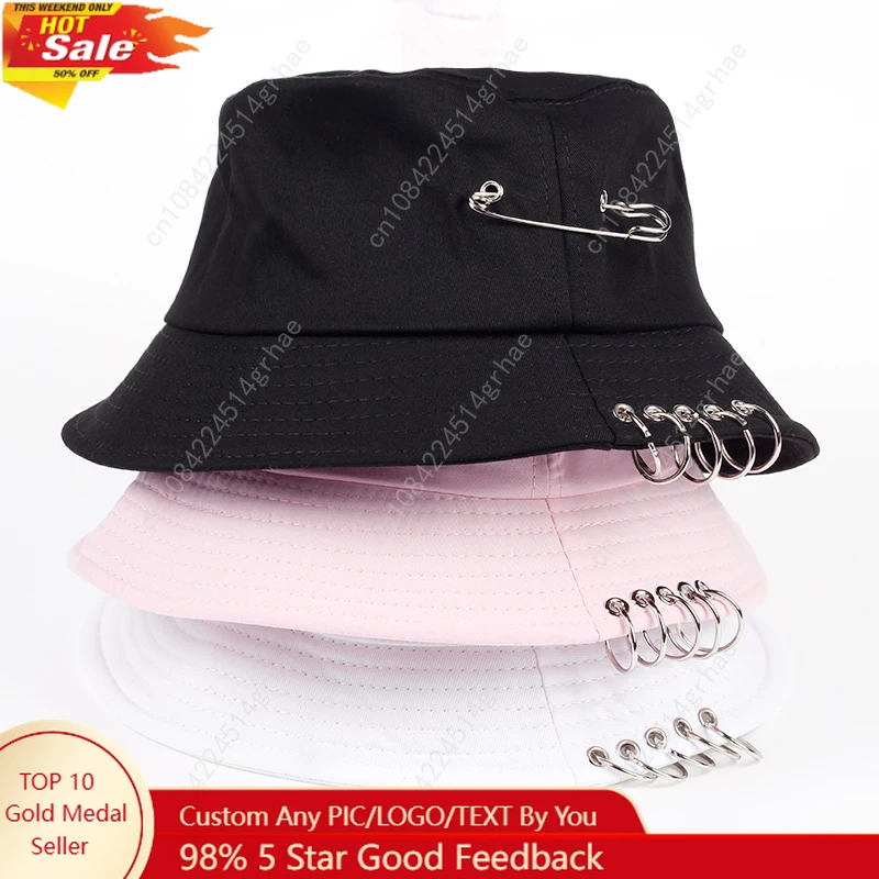

Solid Color iron pin rings personality Bucket Hat cap for unisex women men cotton fishermen caps