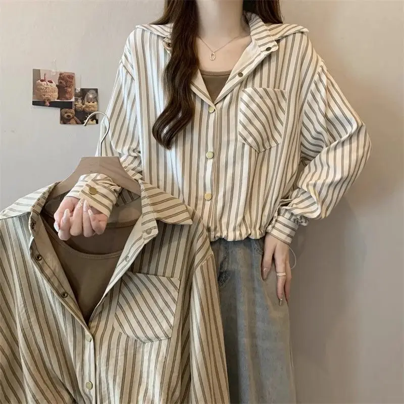 

Women's Stripe Shirring Long Sleeve Shirts 2025 Spring Autumn Lady Casual Blouse Fashion Korean Daily Joker Tops Female
