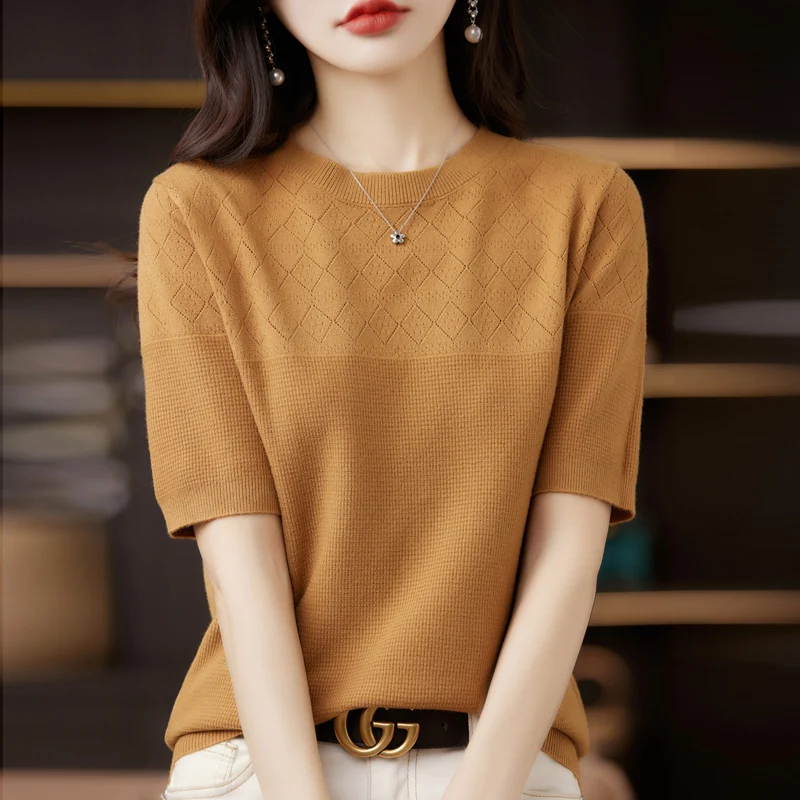 2023 Summer New Women\'s Short Sleeve Round Neck Knit Pullover Casual Hollow Out Sweater Short Sleeve Loose Fashion T-shirt Top