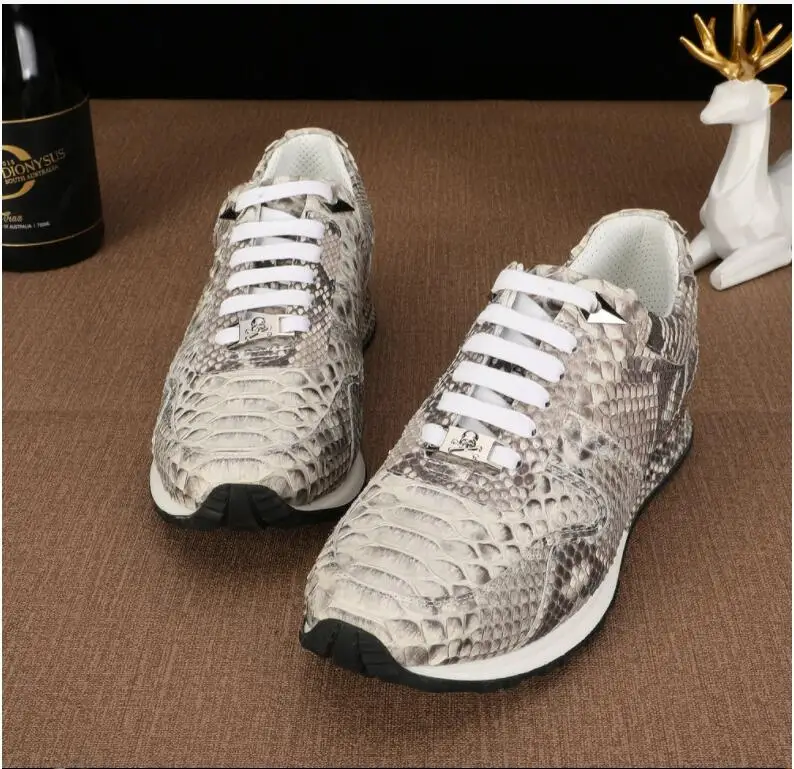 100% Genuine real python skin men shoe high end quality snake skin beige and grey color sport men shoe with cow lining free ship