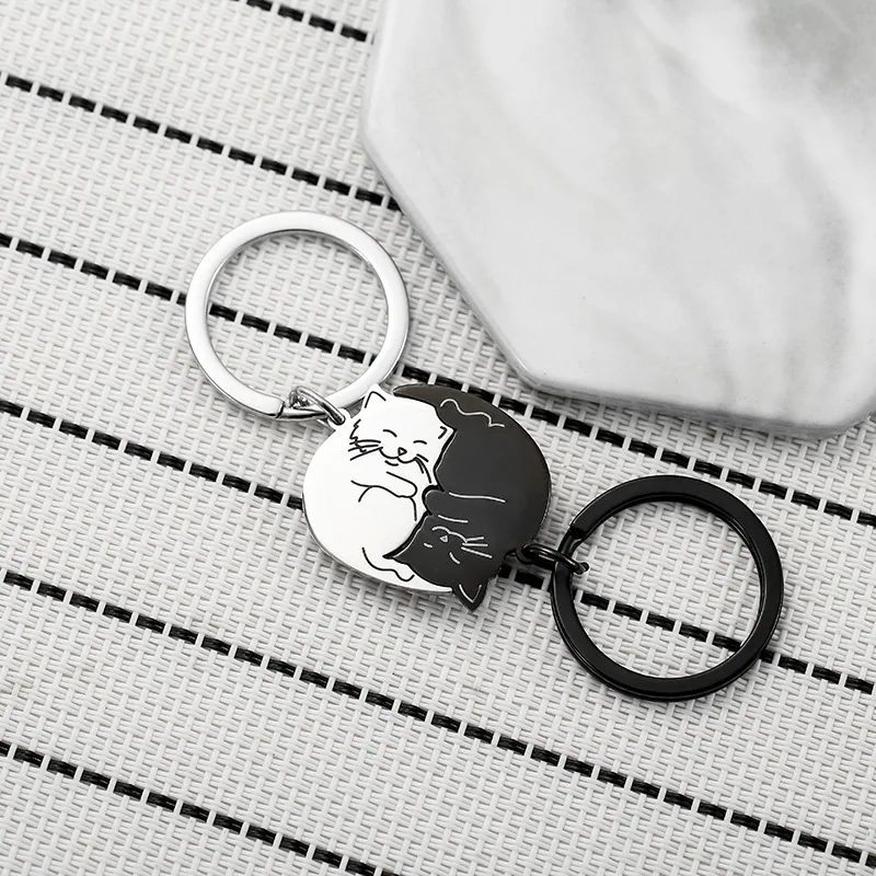 2PCS Couples Matching Cat Charm Key Chain Key Ring Stainless Steel Lover\'s Valentine\'s Day Gift