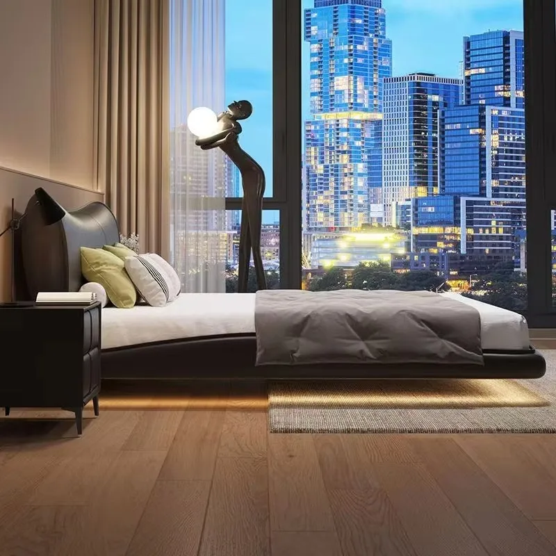 The first layer of cowhide solid wood suspension bed, high-end elegance, with lighting.