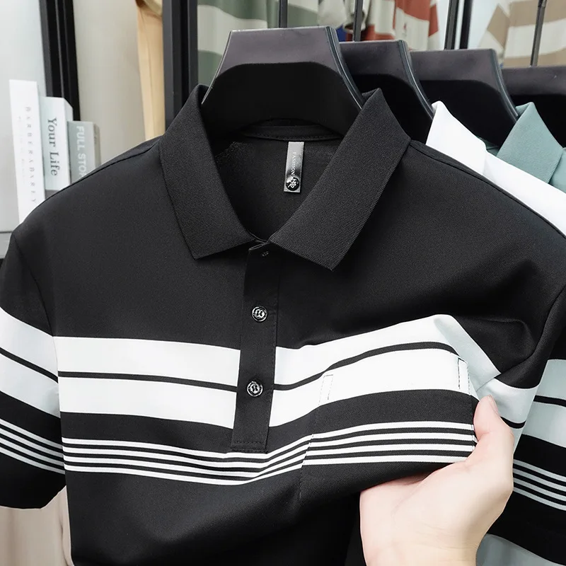 Men Summer Striped Polo T-shirt Short Sleeve Turn-down Collar Chest Pocket Button Front Work Casual Tees Men Clothing