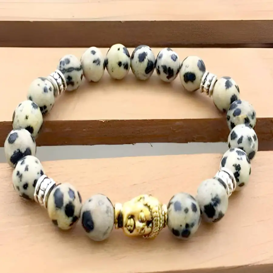 

8mm Spotted Stone Beads Bracelet 7.5 inches Hand Yoga Natural stone Nirvana Chakra Sacred Mala Buddhist Buddha Meditation Bodhi