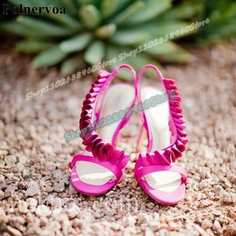 

Elegant Slingback Rose Red Ruffles Sandals Stilettos High Heel Shoes For Women Back Strap Open Toe Trending Zapatos Para Mujer