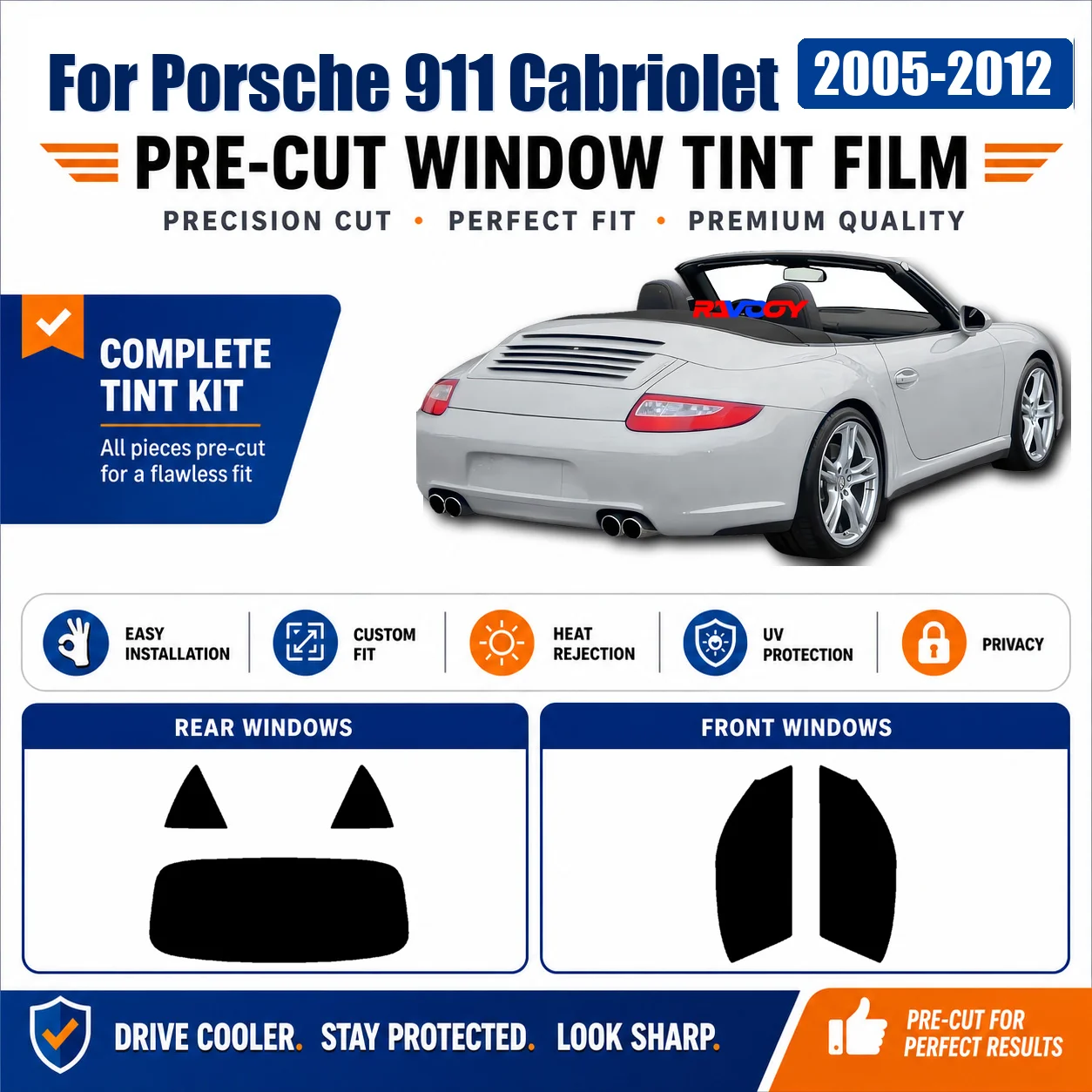 For Porsche 911 Cabriolet 2005-2012 Pro-Grade Front Rear Side Window Sun Shade Film Custom Cut Kit