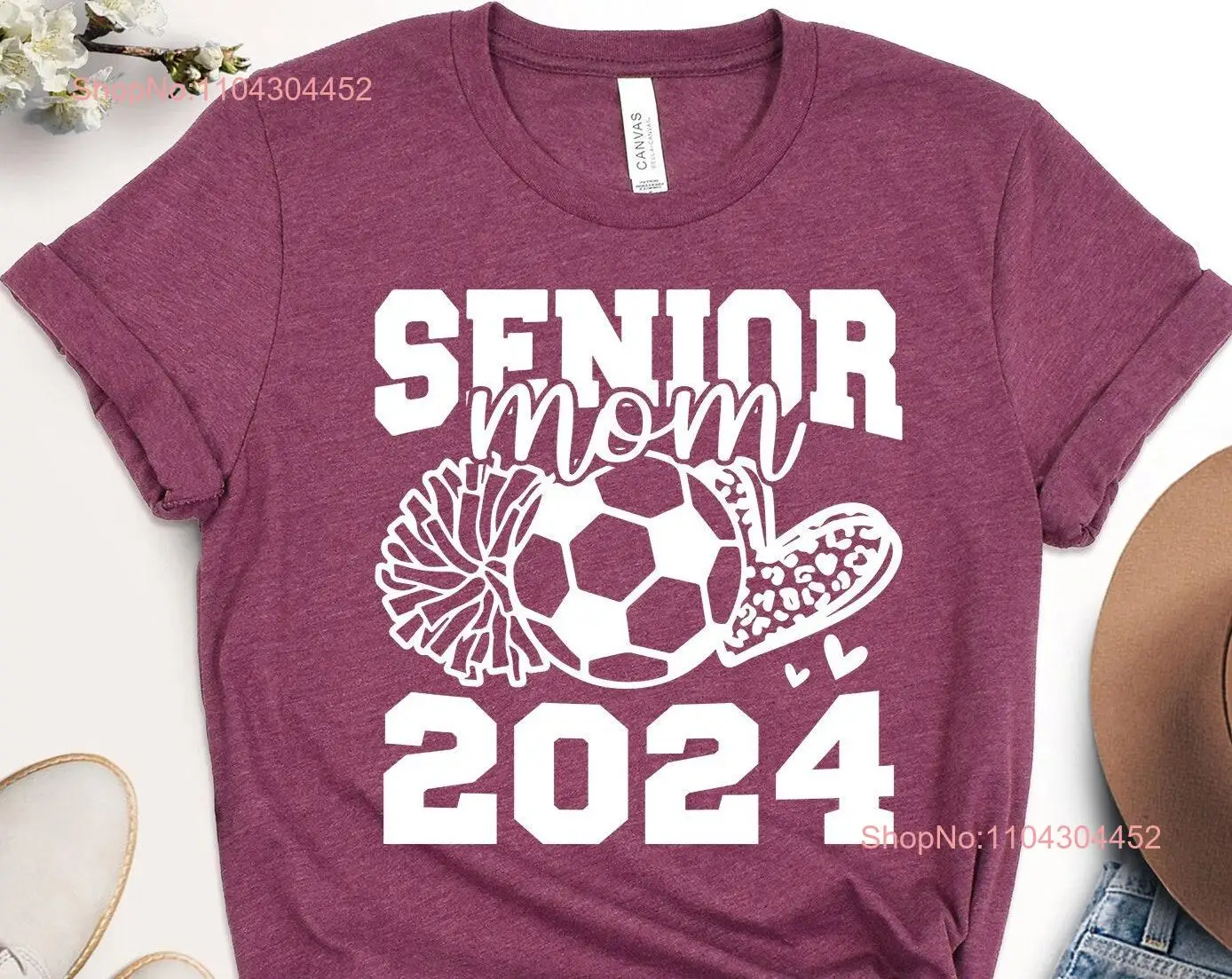 Senior Mom 2024 T Shirt Leopard Heart Pompon Ball High School Graduate Life long or short sleeves