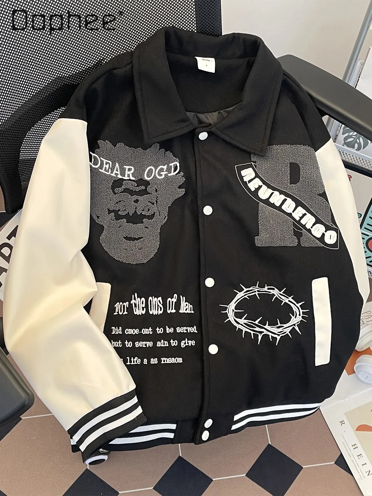 

Spring and Autumn New Retro Character Letter Print Yellow Baseball Jacket Men's Loose Casual Black Bomber Jacket