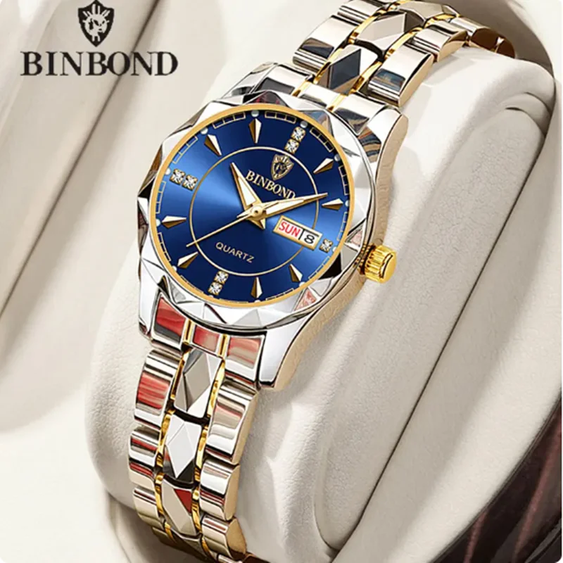 BINBOND 5552 Japanese Quartz Movement Fashion Women's Watch Top Brand Luxury Stainless Steel Strap Date Calendar Watch