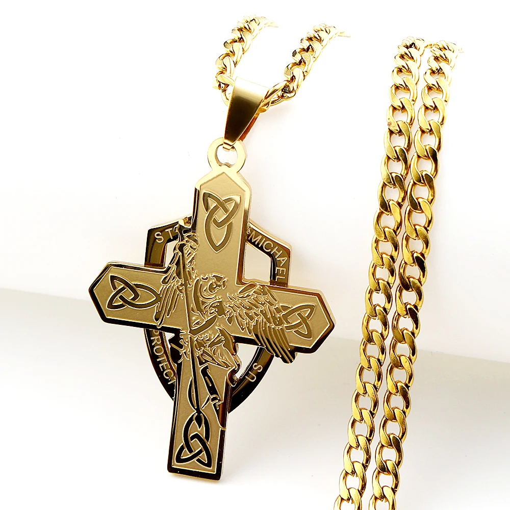 Archangel St.Michael Protect Us Shield Celtic Knot Cross Pendant Necklace Stainless Steel Saint Michael Amulet Chain Jewelry