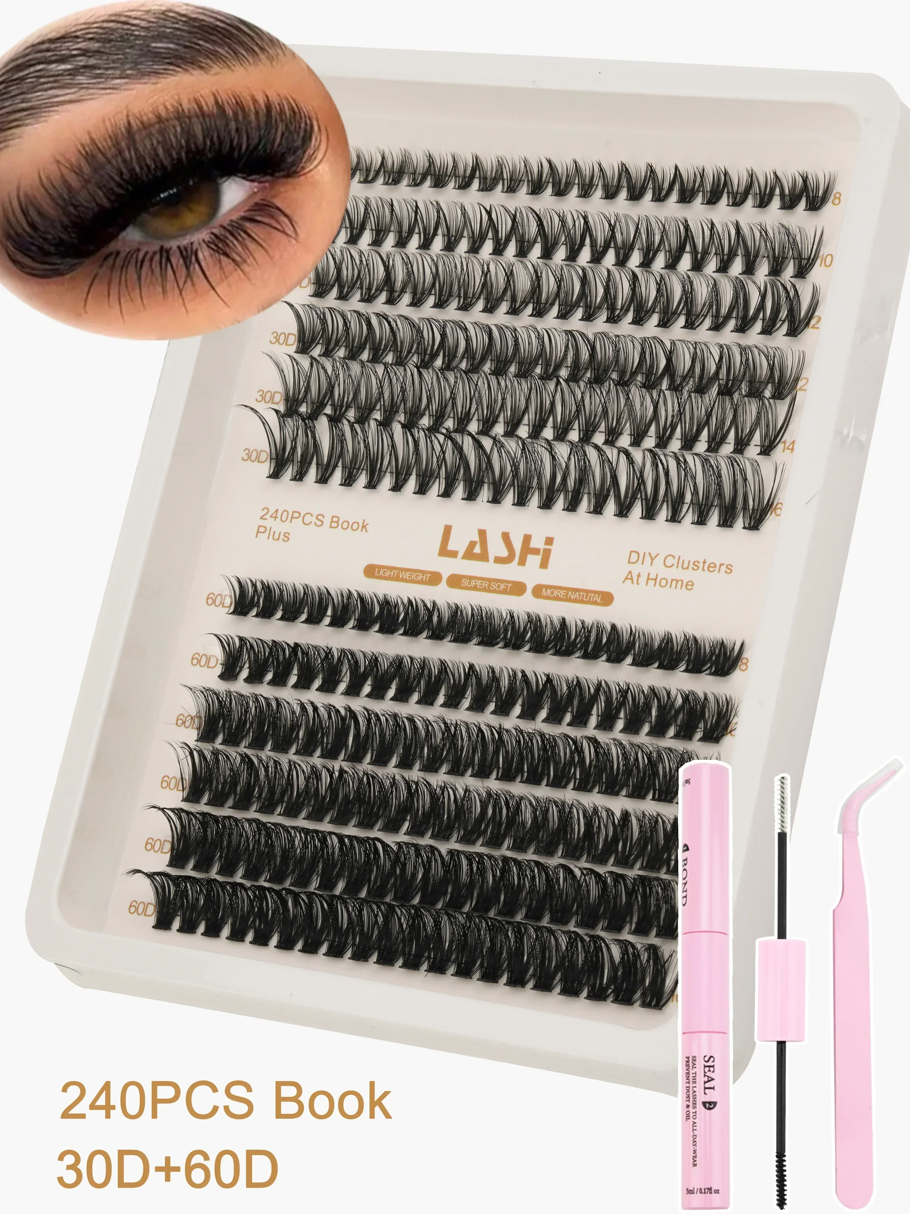 240Pcs Lash Clusters Kit 30D+60D Individual False Eyelashes DIY Eyelash Extensions With Seal Tweezers Soft Reusable Lashes