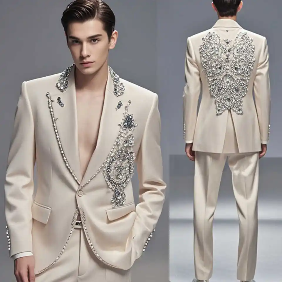 

Amazing Rhinestone Men Suits 2 Pieces Jacket Pants Single Breasted Appliques Wedding Outfits Customized Trajes Para Hombre