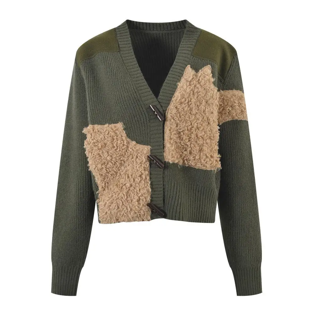 

Wool Lamb Patchwork Fashionable V-Neck Cardigans Knitwear Women Sheepskin Buckle Vintage Dark Green Short Sweaters 2023 Autumn