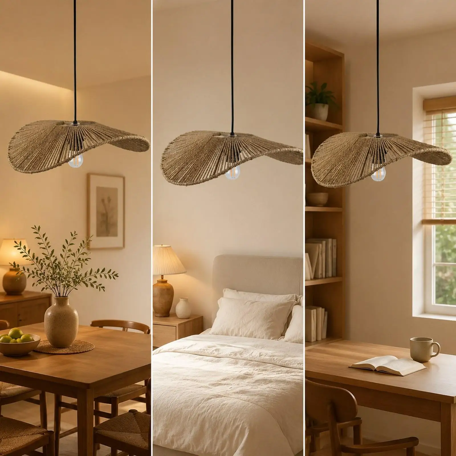 Rustic Rattan Style Paper Rope Lamp Cover Easy Install Chandelier Shade Pendant Light Screen for Restaurant Home