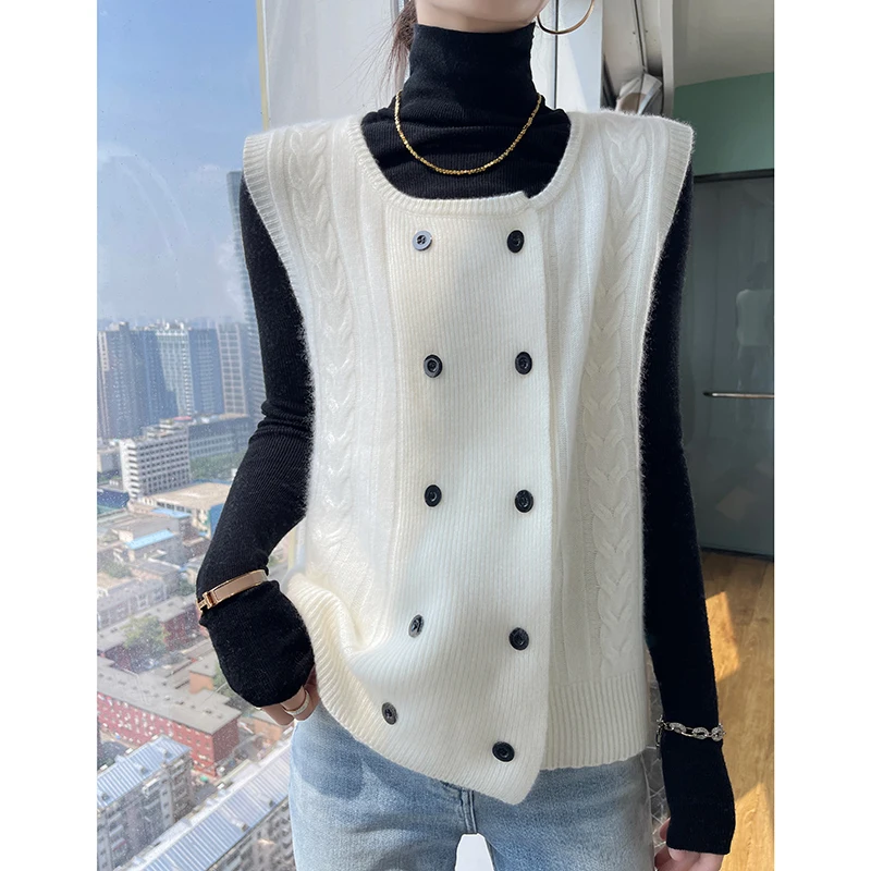 Sleeveless Round Neck Wool Cardigan Vest Women\'s Autumn And Winter solid Color Loose And Fashionable Button Knitted Sweater Top