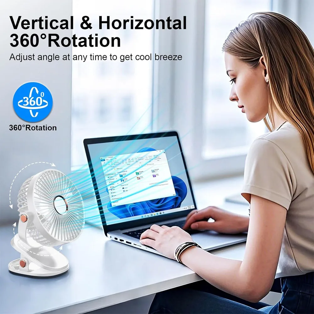 Portable Clip On Fan, 5 Speeds 360° Rotatable Mini Desk Fan with Night Light, USB Rechargeable Personal Fan for Home Office view 3