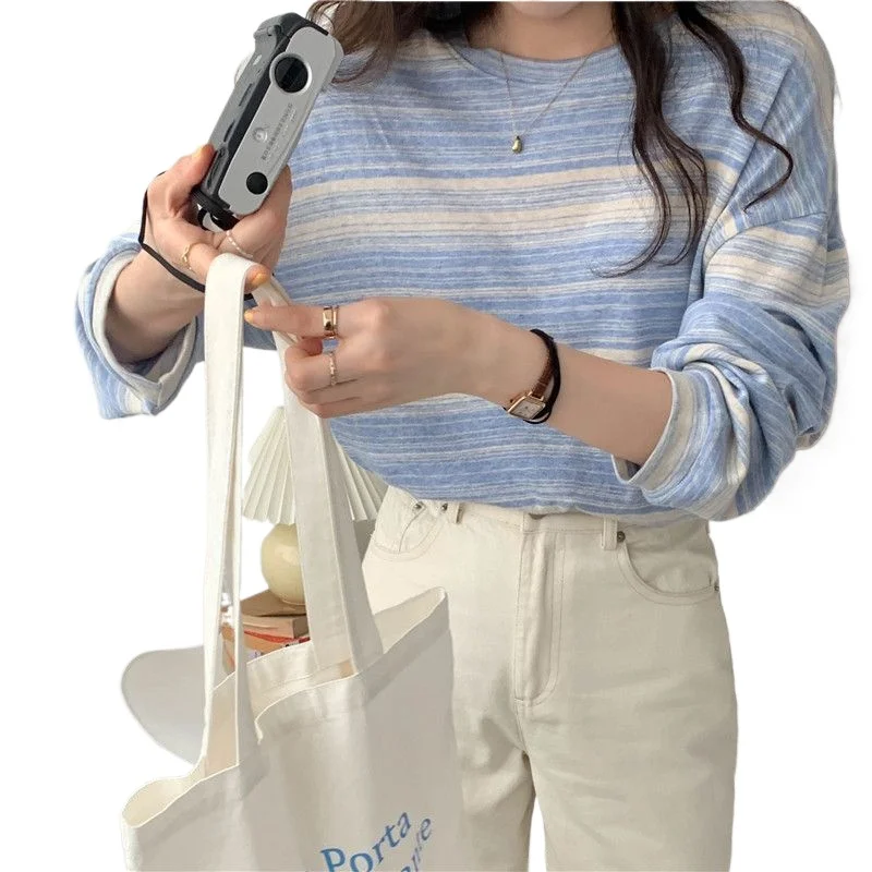 T-shirt a maniche lunghe girocollo a righe Autunno Allentato Studente Top Roupas Feminina Tees Y2k Abbigliamento Camisetas