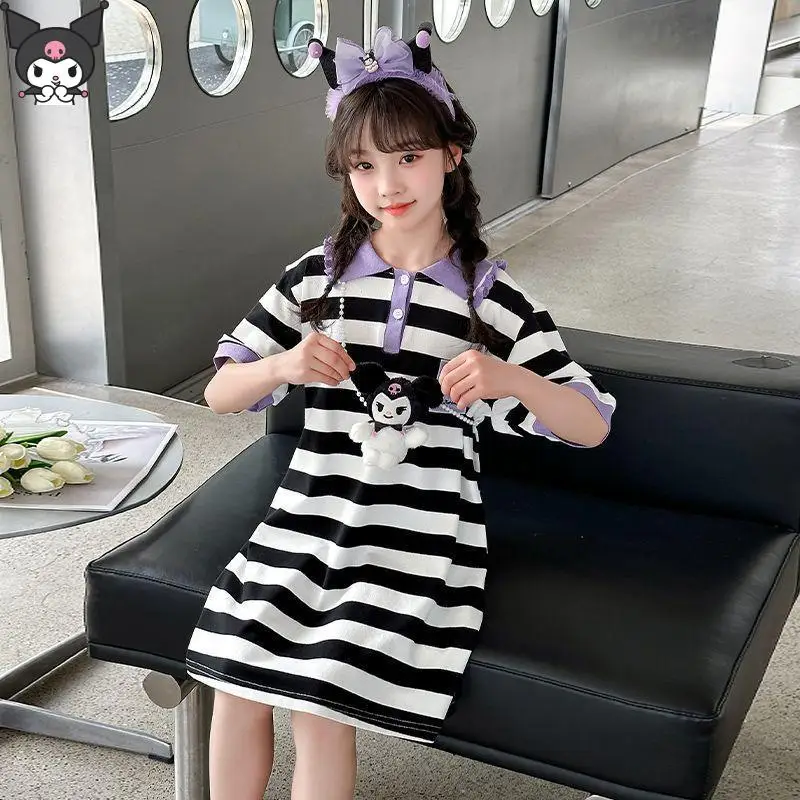 

Kuromi Cinnamoroll юбка трапециевидной формы с короткими рукавами для девочек Kawaii аниме мультфильм Sanrio платье с лацканами средней длины детская летняя новая мода