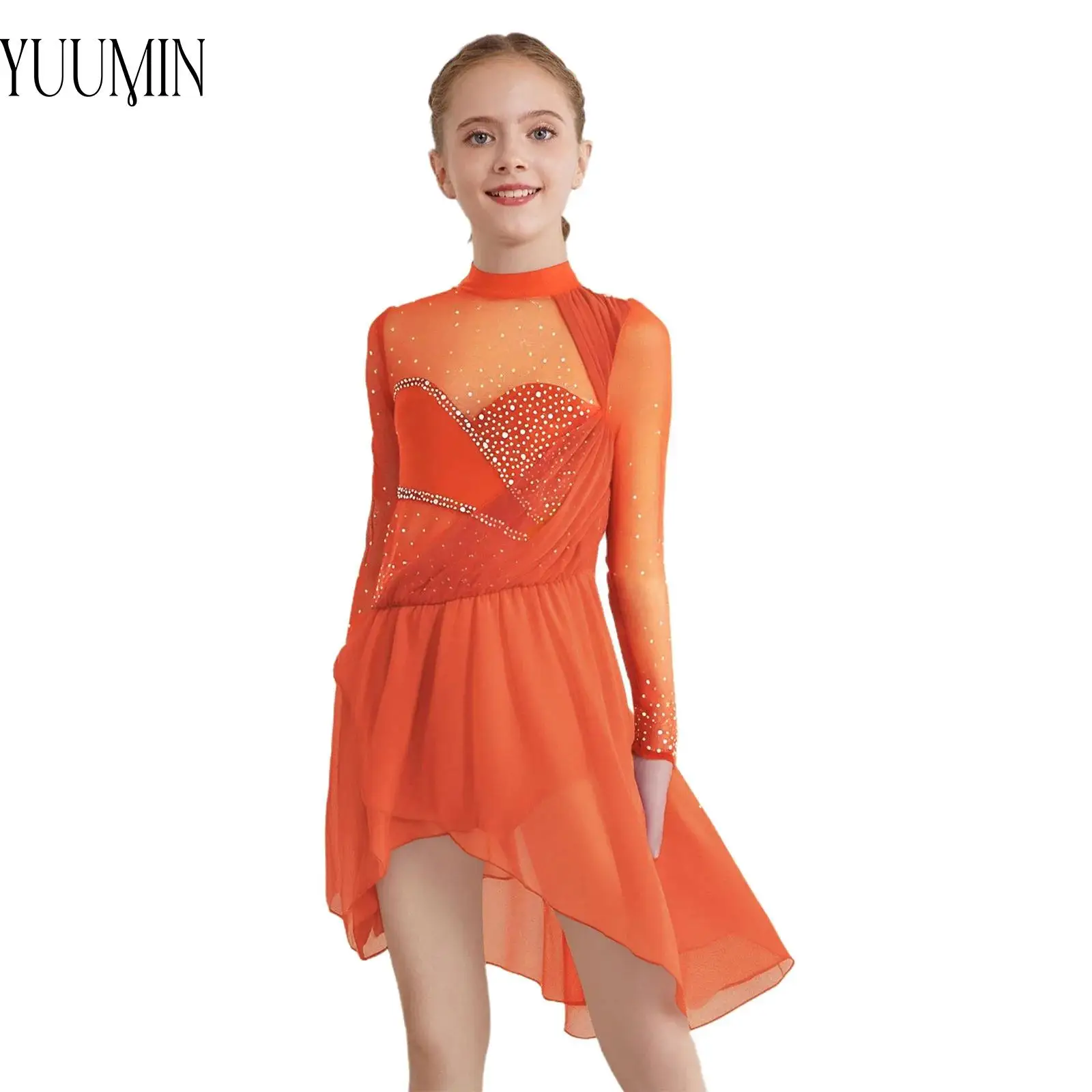 

Kids Girls Figure Ice Skating Dress Rhinestones Mesh Dress with Built-in Briefs Performance Party Lyrical Modern Dance Dancewear