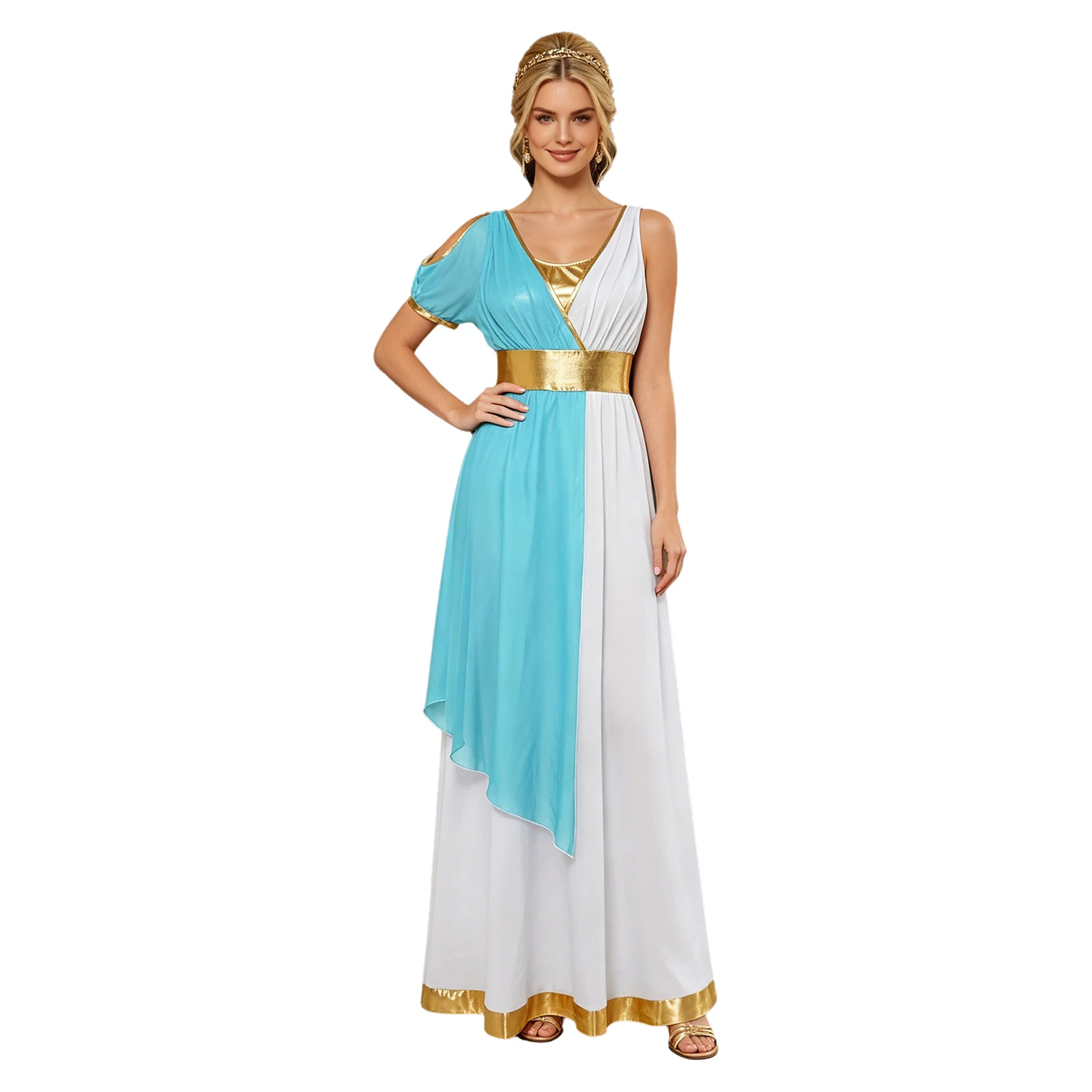 Women Ancient Greek Worship Prayer Tunic Dress Halloween Mythos Costumes Cold Shoulder Asymmetrical Toga Dress