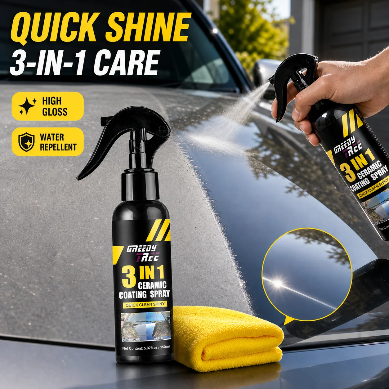 GREEDY TREE 3-in-1 Ceramic Coating Spray 150ml with Towel Car Paint Polish Hydrophobic High Gloss Protection