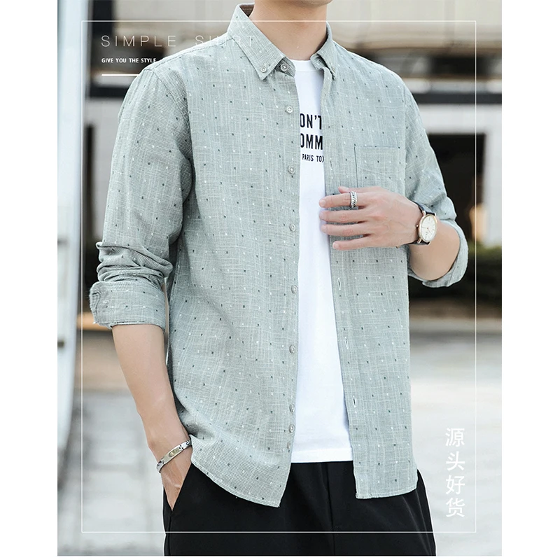 

Men's Summer Cotton Long-Sleeved Shirt Small Jacquard Solid Color Casual Shirt 2022 Spring And Summer New Men's Tops 18-35 Y