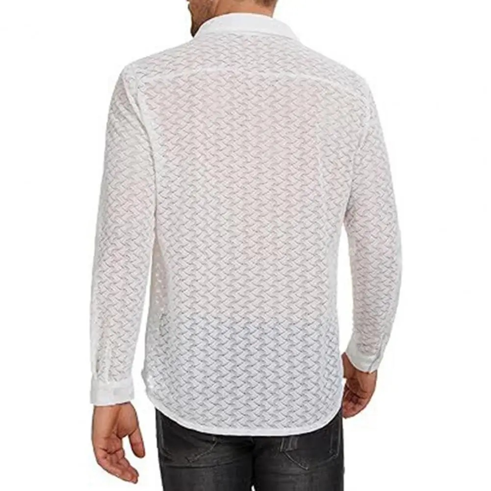 Vacation Shirt Men\'s Lace Mesh Cardigan with Turn-down Collar for Summer Vacation Beach Wear Sheer Long Sleeve Shirt for Stylish