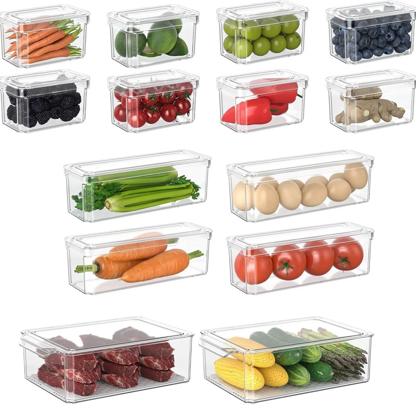 New Refrigerator Organizer Bin Stackable Fridge Food Storage Box With Handle Clear Plastic Pantry Food Freezer Organizer Tool