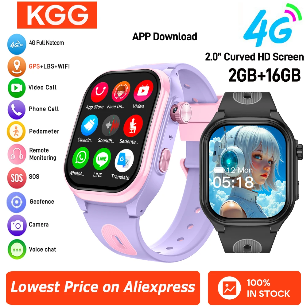 

Kids 4G Smart Phone Watch 2.0'' 2+16G APP Download GPS WIFI Video Call Camera Children Smartwatch Monitor Tracker Location