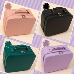 PU Leather Makeup Case New Large Capacity with Mirror Cosmetic Pouch Portable Solid Color Cosmetic Box