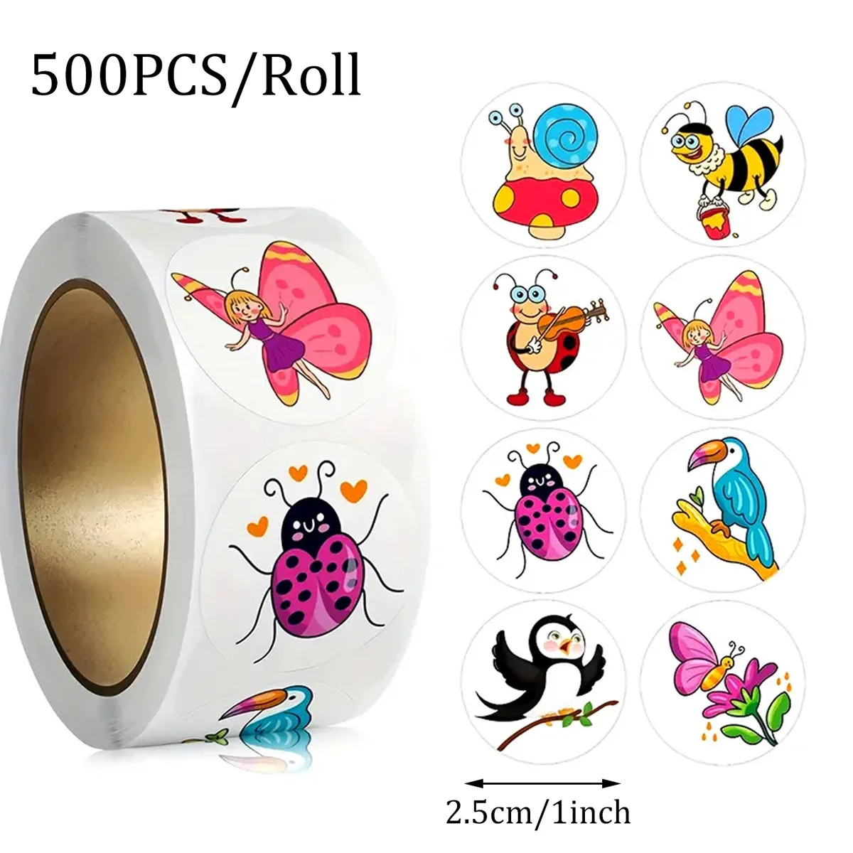 500 stuks/rol schattige insect motiverende beloningsstickers - zegellabels voor kinderen, zelfklevend rond bulkpakket