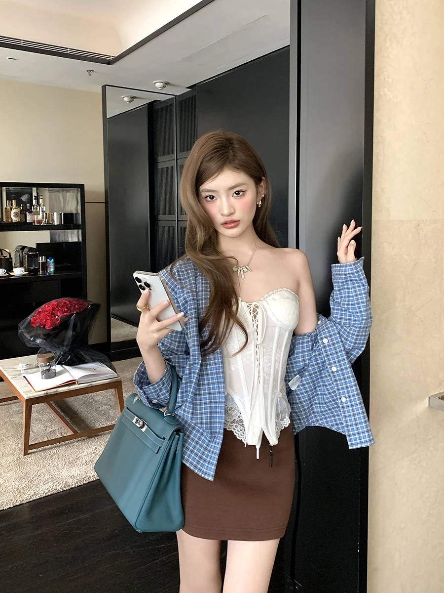 

Earth Store Miu System Ретро Свободный воротник irt Женский летний синий клетчатый универсальный длинный све College irt Jaet